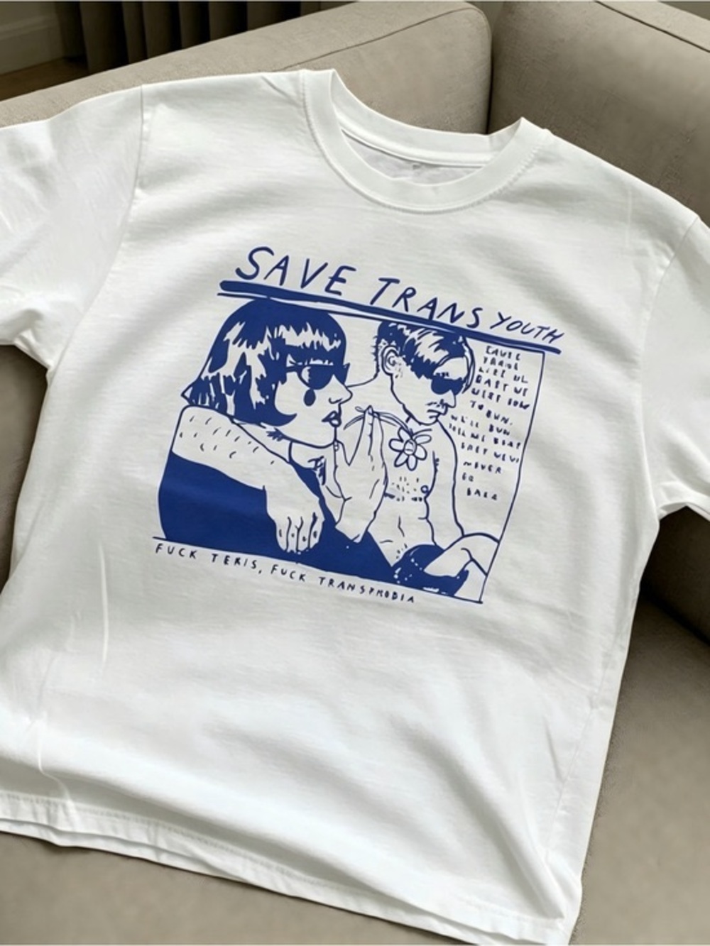 White Graphic Short-Sleeve Tee with Blue 'Save Trans Youth' Print